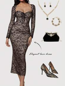 SHEIN MOD 女式纯色蕾丝修身优雅长袖美人鱼连衣裙