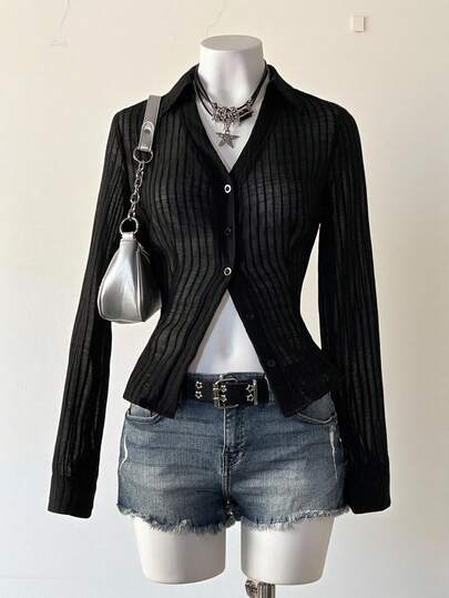 Jeanoix Women's Solid Color Minimalist Long Sleeve Textured Striped Sheer Blouse, Everyday Wear