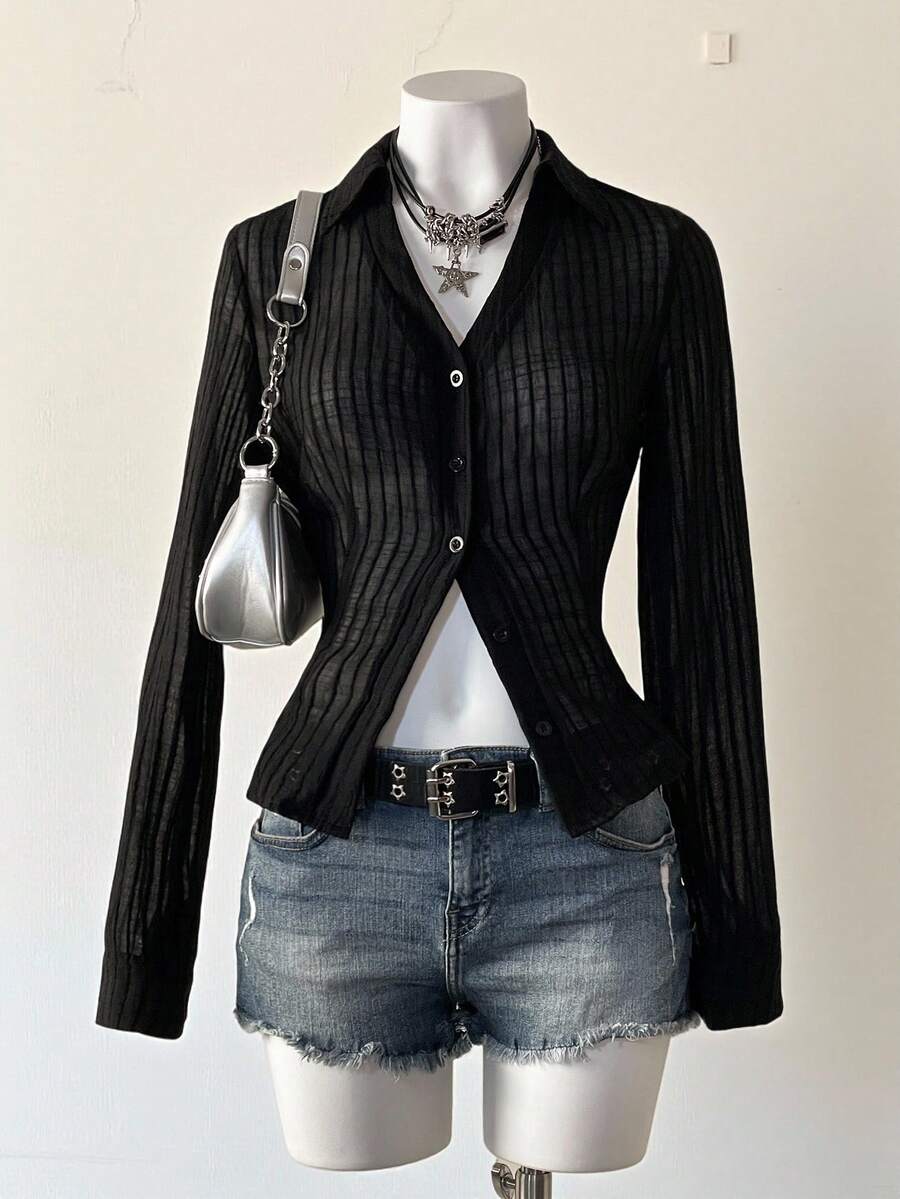 Jeanoix Women's Solid Color Minimalist Long Sleeve Textured Striped Sheer Blouse, Everyday Wear