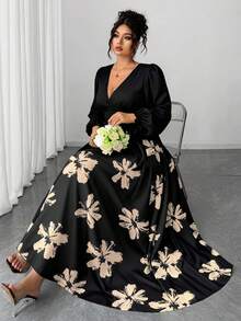 Elenzga Plus Size Women Elegant Graphic Print V-Neck Long Sleeve Frill Trim Belted Waist Slim Fit Maxi Dress, Spring/Autumn