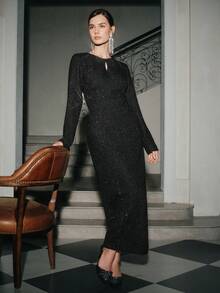 Anewsta Women's Elegant Long Rhinestone Chain Tassel Pendant Dress - Black - View 6