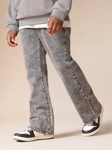 SUMWON Relaxed Flare Acid Wash Jeans Wide Leg Vintage Denim Pants Classic Five Pocket Design Casual Streetwear - Grey - View 4