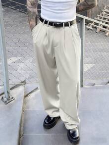 Manfinity Homme 男士西装裤，高端新款设计，垂坠西装裤，设计师时尚休闲黑色简约商务长裤 - 米色 - 查看 3