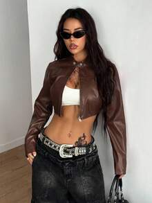 Coolane Women's Winter Streetwear Rave Hippie Athleisure Y2K Basic Leather Comfortable Zip Up Burgundy Slim Fit Brown Crop Long Sleeve Jacket - Brown - View 3