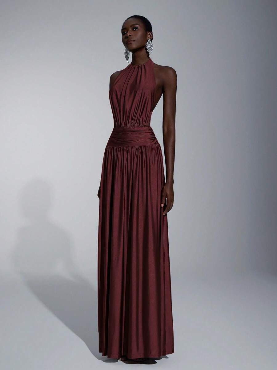 Elitara Elegant, Romantic, Sexy, Minimalist Brown Elastic Halter Backless A-Line Fashion Influencer Dress For Holiday, Birthday Party, Wedding, Bridesmaid - Burgundy - View 1