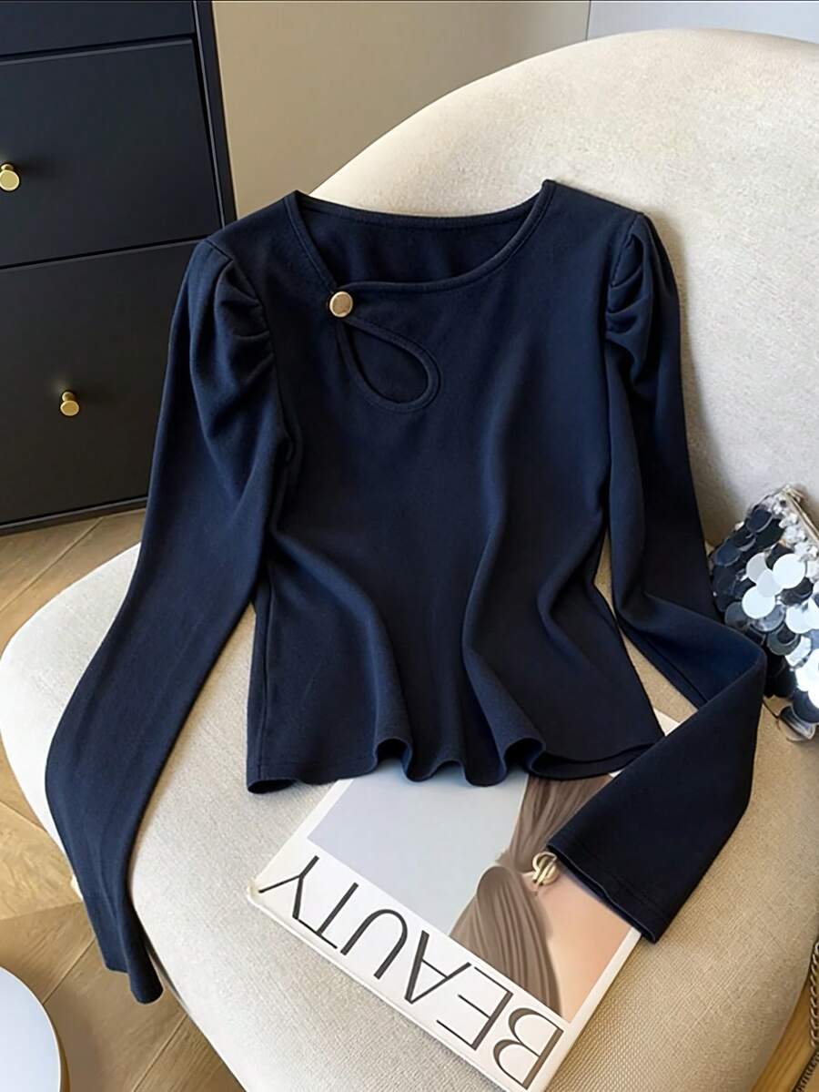 GlowEve 女士优雅不对称领口镂空金属扣装饰长袖T恤 - 藍色 - 查看 1