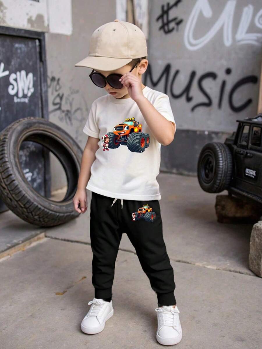 SHEIN Young Boy Casual Simple Style Short Sleeve T-Shirt And Pants Set, School, Campus, College - Black - View 1