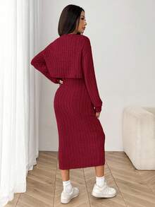 SHEIN EZwear 女式秋季新款罗纹针织落肩纽扣前襟夹克和修身中长连衣裙套装 - 玫瑰紅 - 查看 2