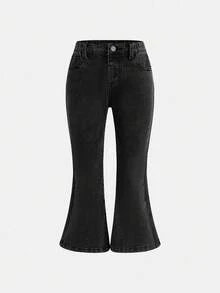 SHEIN 女童灰色水洗牛仔布保暖內裡鬆緊喇叭牛仔褲，秋季褲裝，冬季保暖，返校季，純色簡約百搭街頭風 - 黑色 - 查看 5