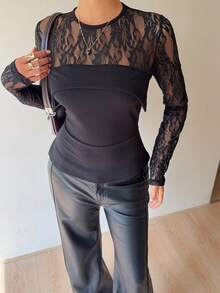 Siren Gaze 女士优雅黑色蕾丝拼布透明衬衫，秋冬 - 黑色 - 查看 6