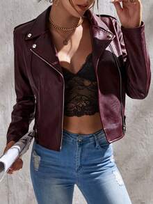 SHEIN Tall Zip Up PU Moto Jacket In Fall/Winter - Burgundy - View 5