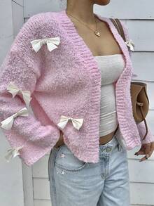 SHEIN Unity Women's Casual Versatile Bow Decor Front Cardigan Fall Winter For Women, Pink - Pink - View 6