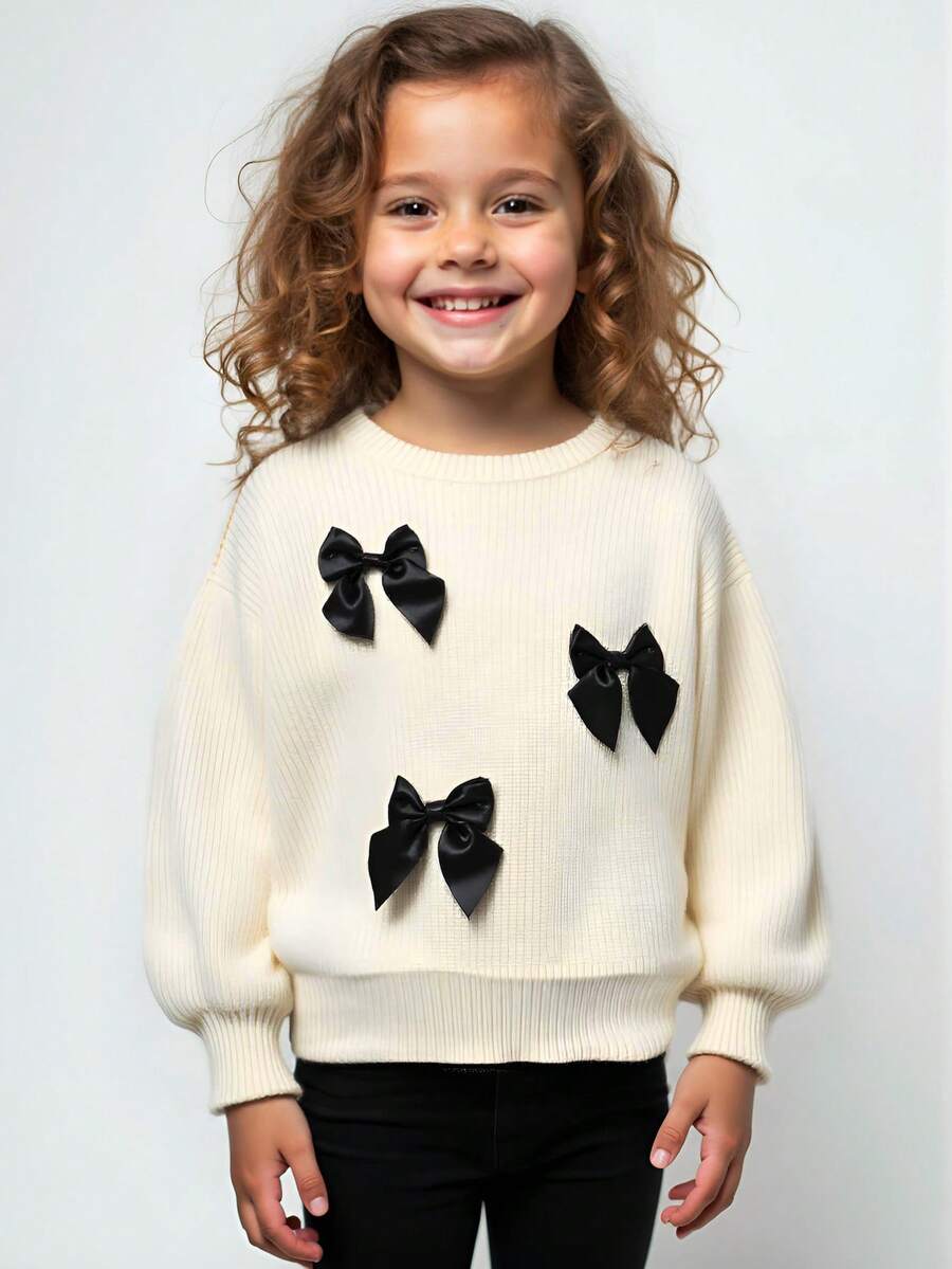 Cozy Pixies Suéter de cuello redondo de manga larga con decoración de mariposa para niña, versátil y cómodo