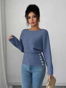 Elenzga Women's New Autumn/Winter Single-Piece Design Batwing Sleeve High-End Buttoned Minimalist Everyday Knit Long Sleeve Top - Blue - View 4