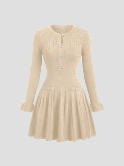 GlowEve Early Autumn French Elegant Style Navy Blue Hollow Out Vintage Ruffle Trim Graceful Long Sleeve Short Knit Dress For Commuting