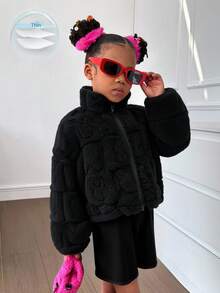 SHEIN 年轻女孩休闲舒适人造毛皮夹克 - 黑色 - 查看 3