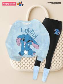 2 件套青少年女孩休闲时尚可爱卡通兔子水彩扎染印花蓝色圆领运动衫 + 拼布紧身裤套装，秋冬装 - 彩色 - 查看 5