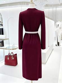 SHEIN Franclia Long Sleeve Blazer Style Dress With Side Slit, Elastic Waist And Metal Button Decor - Burgundy - View 2