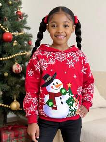 Tween Girl Christmas Cute Cartoon Snowman, Christmas Deer, Christmas Tree, Snowflake Pattern Red Festive Casual Loose Hoodie Sweatshirt, Comfortable Daily Wear Knit Long Sleeve Sweatshirt, Suitable For Autumn/Winter, Christmas Party Dress, Christmas Gifts, Christmas Dress Young Girls Winter Sets Christmas Outfits For Girls Sweatshirt Set For Girl Winter Tween Sets