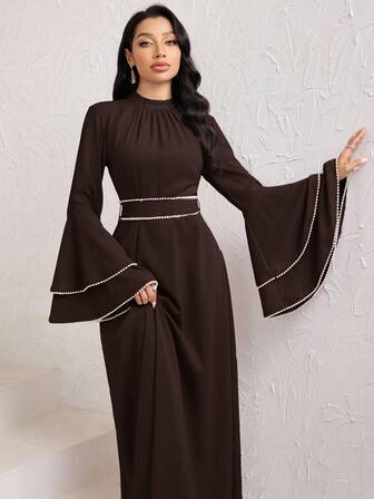 Veilorie Women's Stand Collar Flare Sleeve Ruched Waist Elegant Arabic Style Dress