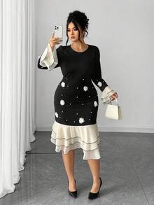 Elenzga Plus Size Women Elegant Mermaid Hem Round Neck Long Sleeve Beaded Decor Fitted Dress, Autumn/Winter