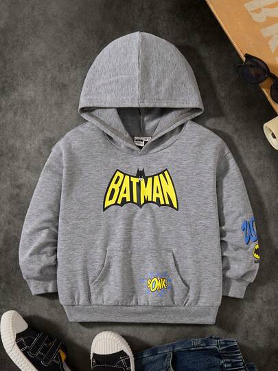 BATMAN X SHEIN Young Boy Casual Cool Letter Graphic Hooded Long Sleeve Loose Knit Sweatshirt, Gray