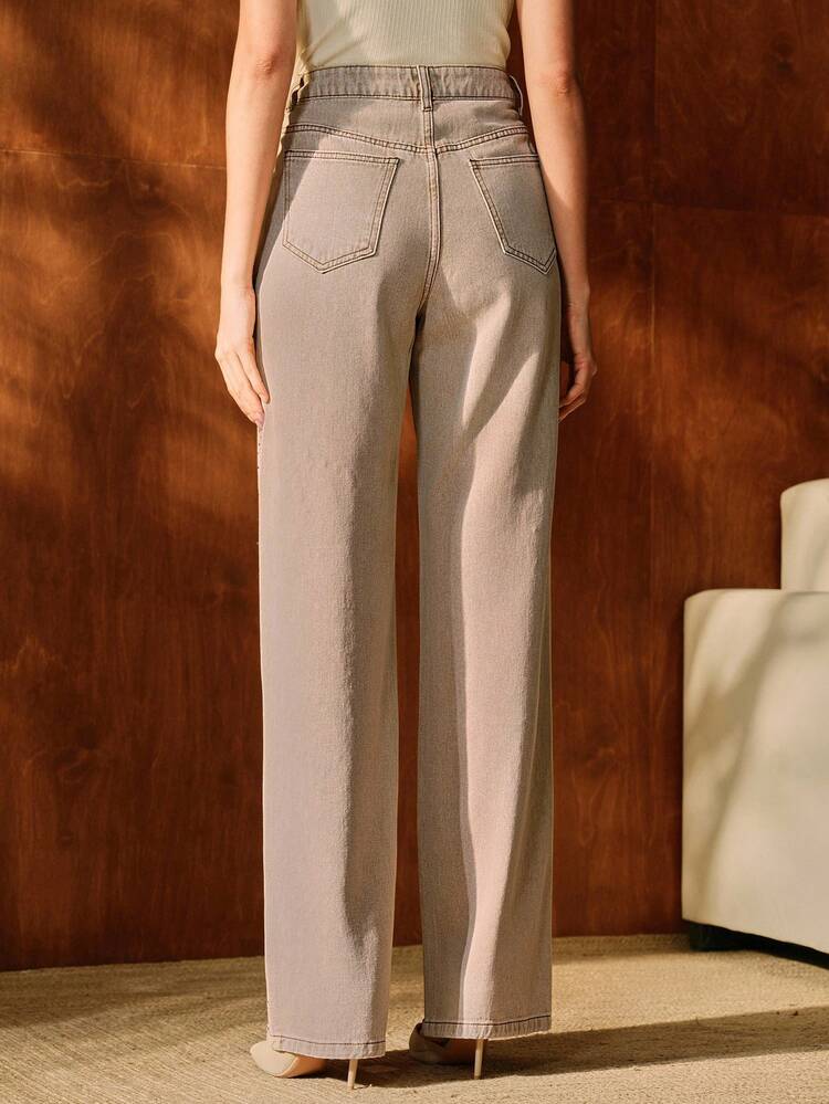 Pantalon droit en jean blanc avec ornements de strass, mode de rue pour femmes