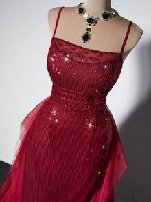 Viva Relle Plus Size Women Solid Color Sequin Contrast Mesh Ruffle Hem Slip Dress - Burgundy - View 7