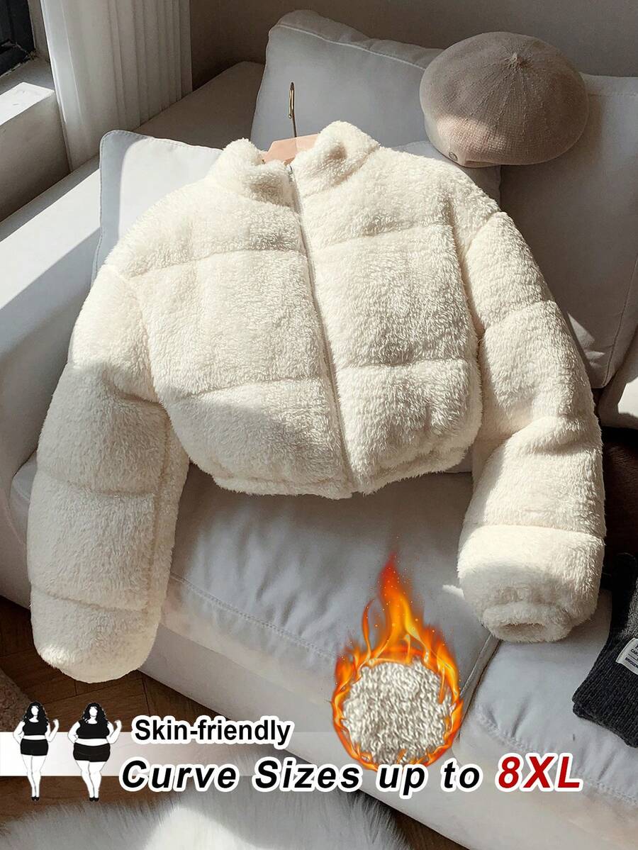 SHEIN CURVE+ 女式加大码休闲米色仿羊毛短款夹棉大衣，冬季 - 米色 - 查看 1