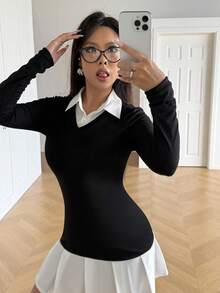 INAWLY Women's Collegiate Intellectual Commuter Sexy Shirt Splicing Contrast Color Mini Dress - Black - View 3