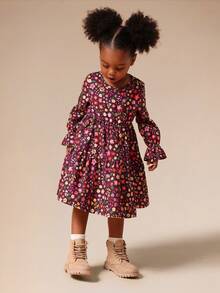 SUMWON 秋冬儿童时尚花卉长袖褶饰荷叶边连衣裙 - 彩色 - 查看 3