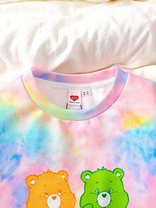 SHEIN X Care Bears 青少年女孩休闲针织扎染卡通熊印花圆领长袖运动衫连衣裙