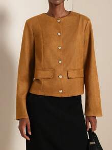 Lyxana Women's Minimalist Solid Color Single-Breasted Round Neck Long Sleeve Jacket, Suitable For Autumn/Winter - Brown - View 5