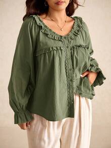 Elaquor Plus Size Damblus med långärmad, enfärgad volangkant, grön - Armé Grön - Visa 5