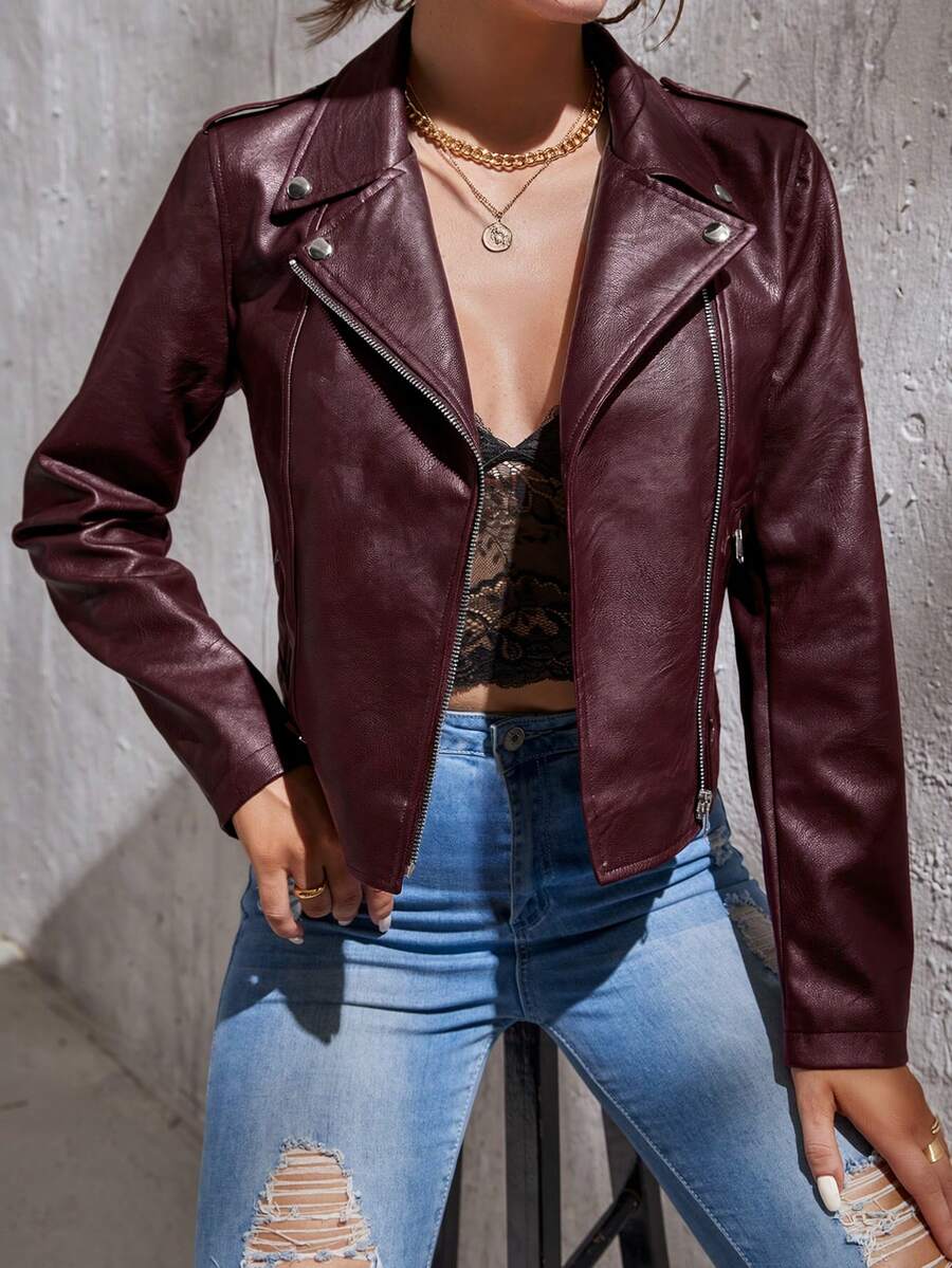 SHEIN Tall Zip Up PU Moto Jacket In Fall/Winter - Burgundy - View 1