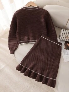 秋冬季女童两件套毛衣套装，手工3D蝴蝶结装饰，短款长袖开衫，优雅荷叶边迷你裙 - 咖啡棕 - 查看 2