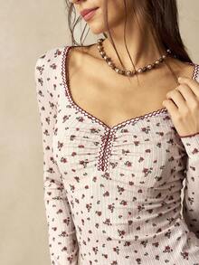 Bohemela 休闲针织碎花鸡心领长袖修身短款女上衣