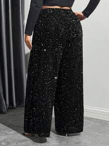 SHEIN CURVE+ 大码女式黑色天鹅绒闪亮亮片抽绳阔腿裤，适合休闲/音乐会/鸡尾酒会/夜间外出/狂欢节、圣诞派对 - 黑色 - 查看 2