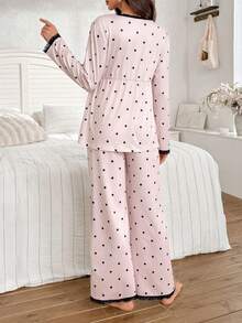Moonlight&Mama Polka Dot Print Contrast Lace Trim Long Sleeve Top & Pants Maternity Pajama Set, Winter - Multicolor - View 2