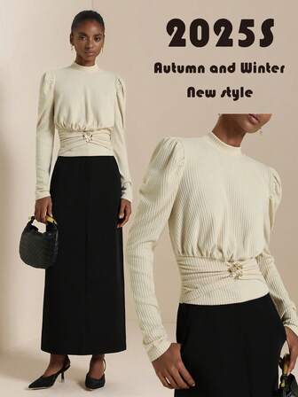 SHEIN Veneréa 女式金属扣装饰 T 恤，羊腿袖，腰部拼接和腰部褶饰