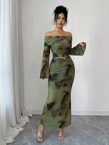 Rafferiza 1 pièce Ensemble jupe mi-longue avec taille torsadée et manches longues épaules dénudées, tenue sexy et élégante imprimée ajustée en deux pièces pour femmes - Vert - Voir 4