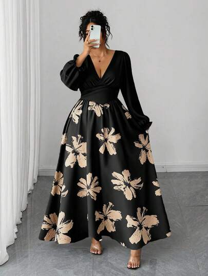 Elenzga Vestido maxi de talla grande para mujer con elegante estampado gráfico, cuello en V, manga larga, volantes, cinturón en la cintura y ajuste ceñido, para primavera/otoño