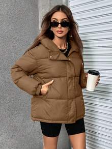 EMERY ROSE Women's Solid Color Zip Front Hooded Long Sleeve Casual Padded Padded Coat, Winter Clothes - Brown - View 4