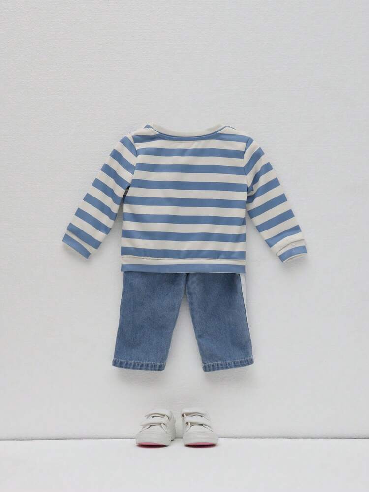 Stripe Sweatshirt And Denim Pants Set