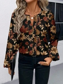 EMERY ROSE Casual Leaf Pattern Minimalist Women Shirt, Suitable For Spring And Autumn New Year Party - Multicolor - View 6
