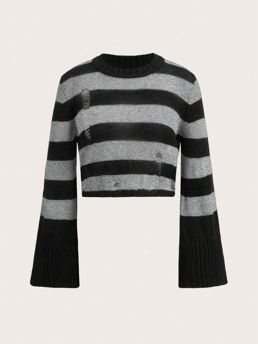 SHEIN EZwear Striped Vintage Style Bell Sleeve Sweater In Fall/Winter - Grey - View 1