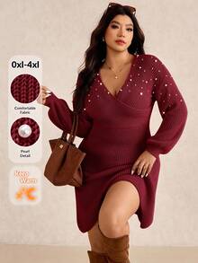 Elaquor Vestido Longo Elegante e Urbano de Estilo Minimalista com Decoração de Pérolas em Cruzado, Versátil para Outono/Inverno, Plus Size