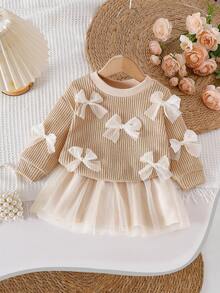 SHEIN Playful Pals 2 件套女婴蝴蝶装饰圆领长袖上衣和网纱裙套装，优雅可爱，适合秋冬季