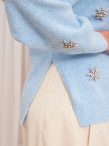 VOLUPTÉ CURVE Plus Size Autumn Blue Knit High Neck Long-Sleeve Side Slit Baby Wool Blend Crystal Star Embellished Mid-Length Elegant Pullover Sweater For Party - Blue - View 4