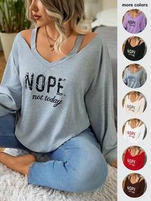 EMERY ROSE Plus Size V-Neck Open Shoulder Screen Print Long Sleeve Elegant Simple Sweatshirt , Graduation, Teachers For Women, Back To School Pullover Fall Winter Autumn - Light Grey - View 1